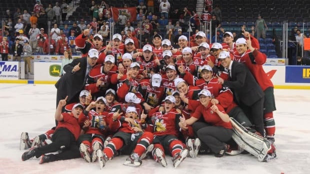 The Halifax Mooseheads pose for a team photo after winning the 2013 Memorial Cup in Saskatoon, Sask., on Sunday.