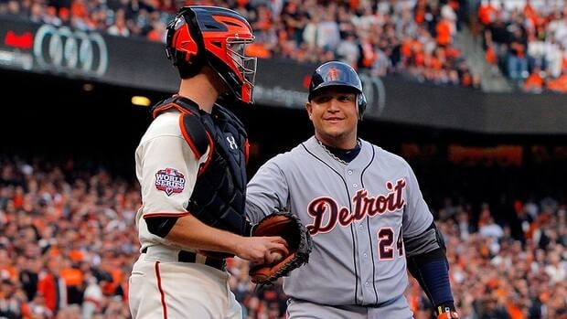 See how Major League Baseball players congratulated AL and NL MVP winners Buster Posey, left, and Miguel Cabrera, right, after Thursday's announcements.