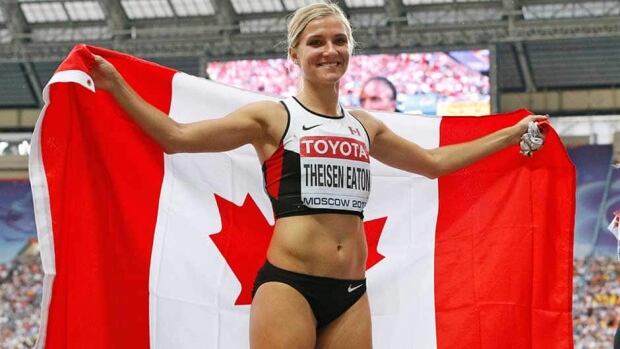 Canada's Brianne Theisen-Eaton celebrates after winning silver in the heptathlon at the world athletics championships in the Luzhniki stadium in Moscow, Russia on Tuesday.