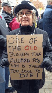 Pension reform protester carrying sign at legislature protest