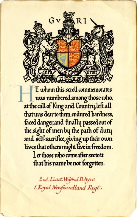 Wilfrid Ayre's memorial scroll