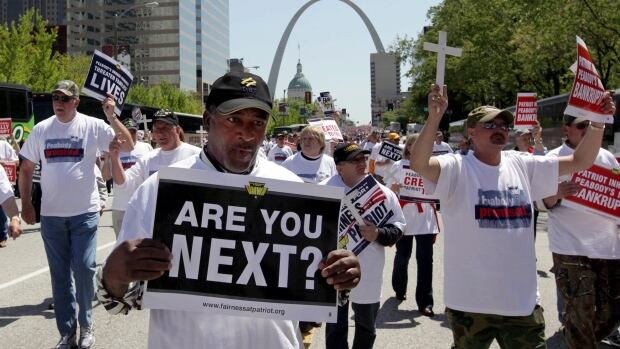Coal miners protest outside of Peabody Coal in St. Louis on Monday, April 29, 2013. The problems facing pension plans throughout the world are very much a global problem.