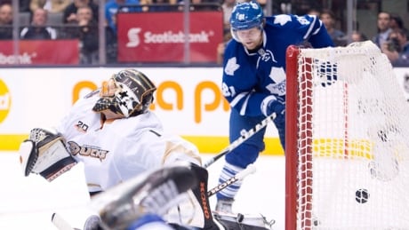 Toronto Maple Leafs forward Phil Kessel, right, scores past Anaheim Ducks goalie Jonas Hiller, left, during their game on Oct. 22. Hiller has never beaten the Leafs, sporting a 0-4-0 lifetime record against Toronto. 620-kessel-hiller