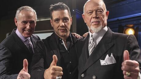 New Hockey Night in Canada host George Stroumboulopoulos, centre, with Ron MacLean, left, and Don Cherry at Monday's news conference in Toronto. strombo-maclean-cherry-620