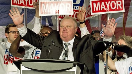 Toronto mayor Rob Ford reacts as he speaks to his supporters during his campaign launch in Toronto on Thursday, April 17. The mayor stands a good chance of winning re-election, say political observers, though it's possible challenger Olivia Chow will cause the other candidates to split the centre-right vote. hi-rob-ford-852.jpg