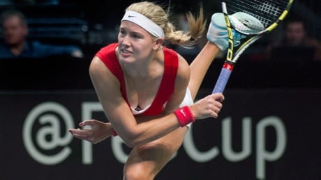 Canada's Eugenie Bouchard serves in a 6-0, 6-3 Fed Cup victory over Serbia in a World Group II tie at Montreal on Feb. 9. bouchard-eugenie-140209