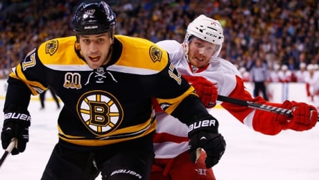 Milan Lucic (17) of the Boston Bruins outmuscles Gustav Nyquist of the Detroit Red Wings in Game 2 at TD Garden on Sunday. lucic-milan-140420