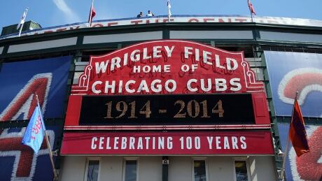 A general view of the main marquee in front of the stadium before the baseball game between the Chicago Cubs and Arizona Diamondbacks at Wrigley Field. Today marks the 100th year anniversary of the stadium's opening. NL-BASEBALL/