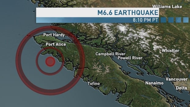 Map shows the location of the 6.6 magnitude earthquake that struck Wednesday 40 kms southwest of Port Alice at a depth of 22 kms. The earthquake was initially reported at 6.7 magnitude, but the USGS National Earthquake Information Centre later changed the scale of the quake to 6.6.