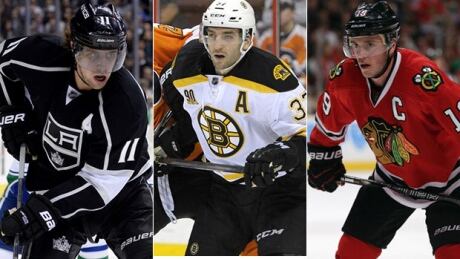 Patrice Bergeron, centre, Anze Kopitar, left, Jonathan Toews were voted Selke Trophy finalists on Thursday. toews-bergeron-kopitar-620