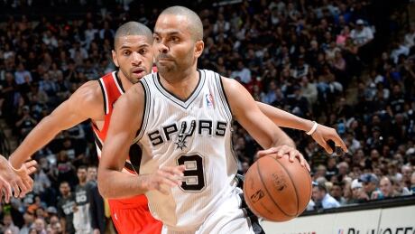 Spurs guard Tony Parker (9) felt his left hamstring tighten early in the second quarter of Wednesday's series-clinching 104-82 win over Portland. He has a Grade 1 strain and expects to be in the lineup for Game 1 of the NBA West final on Monday. parker-tony