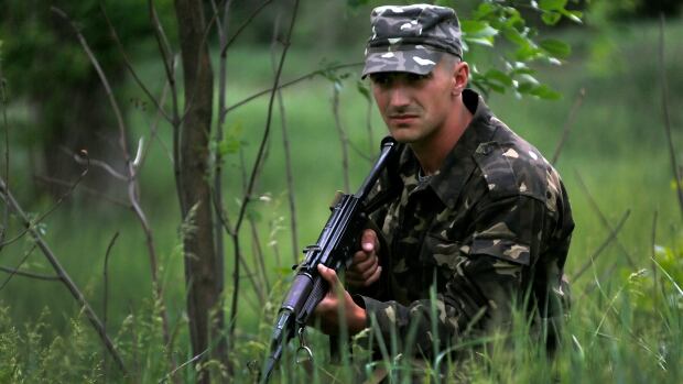 A Ukrainian soldier secures an area in the country's volatile east.