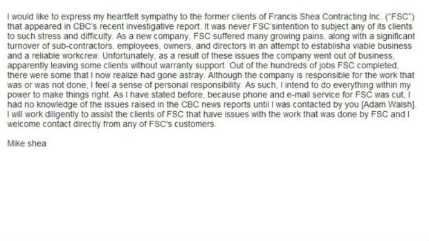 Email from contractor Mike Shea