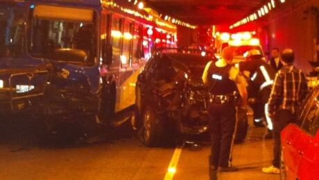 An SUV collided head-on with a northbound TransLink bus in the George Massey Tunnel on July 4, sending the car driver to hospital and closing the busy commuter tunnel at rush hour. Massey Tunnel bus SUV crash