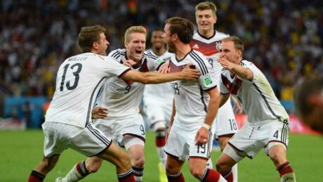 Mario Götze is mobbed by elated German teammates after scoring the World Cup-winning goal in the 112th minute of extra time. Mario Götze, Germany, World Cup