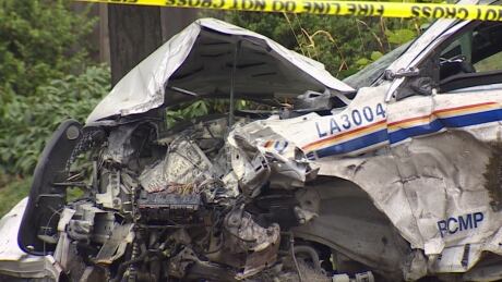 The crash happened while the RCMP cruiser was pursuing a suspect, at the intersection of 268 Street and the Fraser Highway in the Township of Langley, B.C.. Langley RCMP crash