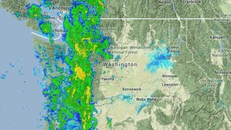 A weather radar display shows a wet mass of air moving up the coast of Washington into B.C. on July 23, 2014. Heavy rains are expected to hit later in the day. http://www.atmos.washington.edu/weather/radar.shtml Weather radar - University of Washington