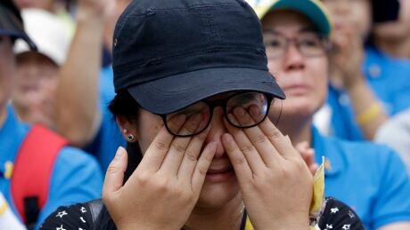 A family member of a victim of the sunken ferry Sewol wipes her tears during a rally 100 days after the ferry sunk in Seoul, South Korea, Thursday, July 24, 2014. South Korean police said Tuesday that a badly decomposed body found surrounded by liquor bottles in a field last month was that of a fugitive billionaire businessman blamed for April's ferry disaster that killed more than 300 people. (AP Photo/Lee Jin-man) South Korea ferry disaster