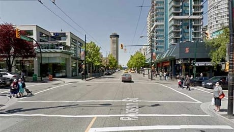 The first fire was set inside a business on Robson Street near Bute Street on Sunday around 4:30 p.m. PT. Google Maps: Robson and Bute streets