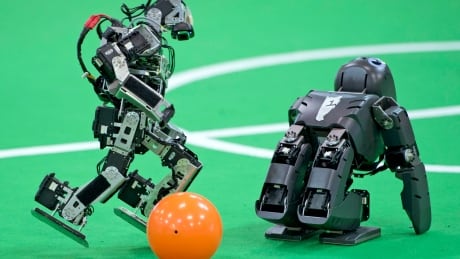 A robot of a German team, left, plays the ball besides a British team robot in the Kids League at the RoboCup German Open 2014 in Magdeburg, Germany, Thursday, April 3, 2014. APTOPIX Germany Robocup