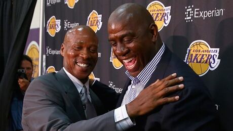 Byron Scott, left, and Earvin (Magic) Johnson enjoy a hearty chuckle at Toyota Sports Center in El Segundo, Calif, on Tuesday. scott-byron-140729