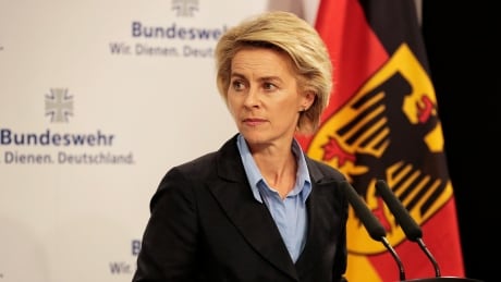 German Defense Ministar Ursula von der Leyen attends a joint news conference with Foreign Minister Frank-Walter Steinmeier to inform the media about the planed delivery of arms to the Kurdish Peshmerga forces at the defense ministry in Berlin, Sunday, Aug. 31, 2014. Germany will support the Peshmerga in Iraq in their fight against the Islamic State militants. (AP Photo/Markus Schreiber) Germany Iraq Weapons