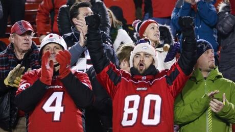 Calgary Stampeders fans celebrate the team winning the CFL Western Final in Calgary, Sunday, Nov. 23, 2014. CFL West Final
