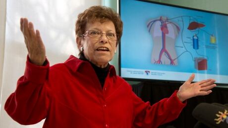 Mavis McArdle speaks to the media at the Royal Victoria Hospital on the 20th anniversary of her liver transplant Friday, December 19, 2014 in Montreal. McArdle was kept alive for several hours with the use of a pig's liver until a human liver was available. Pig Liver Patient 20141219