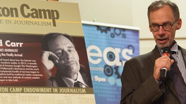 David Carr, delivering the 2013 Dalton Camp Lecture in Journalism. Photo credit: St. Thomas University.
