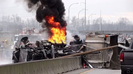 Eyewitnesses say the truck may have blown a tire, causing it to swerve into a median and burst into flames. Highway 99 truck fire