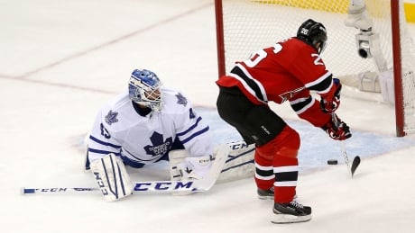 New Jersey Devils forward Patrik Elias beat Toronto Maple Leafs goalie Jonathan Bernier in the shootout to seal his team's 2-1 victory. Maple Leafs Devils Hockey