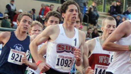 Canadian runner Cam Levins, middle, won the mile at the Armory Track Invitational on Saturday night, posting a world-leading time for this season that was just shy of the Canadian indoor record. He won the two-mile race less than 30 minutes later. 07884686-levins-cam