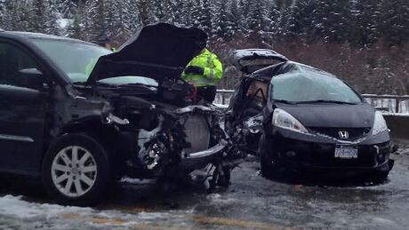 A woman in her 30s has been airlifted to hospital in critical condition from this accident scene in Whistler following a collision between a vehicle and a minivan. Whistler crash leaves man in critical