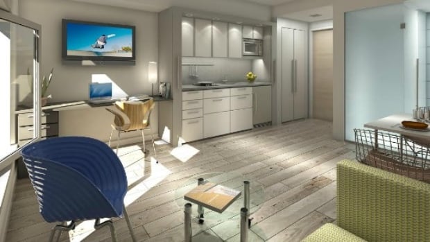 A rendering of a micro loft inside the Burns Block on Vancouver's East Hastings Street. Reliance Properties restored the former single occupancy hotel into rental units with an average size of 265 square feet.