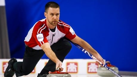 Newfoundland and Labrador skip Brad Gushue delivers a rock during curling action at the Brier in Calgary on Sunday.
CUR Brier 20150301