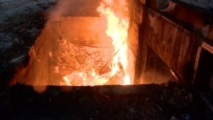 Flames shoot from the interior of the Ukrainian Orthodox Church in Thorhild