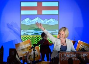 Alberta NDP Leader Rachel Notley rejoices in Edmonton after her party overtook the Conservatives to win the Alberta election on May 5, 2015. The NDP won a majority, ending more than four decades of Conservative domination.
