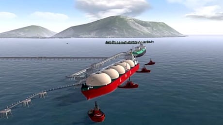 A image from a promotional video shows an LNG tanker filling up at the proposed Pacific Northwest LNG facility near Prince Rupert, B.C. There is still no final investment decsion on the $36 billion project Proposed Pacific NorthWest LNG Facility