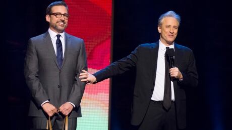 Steve Carell, left, and Jon Stewart appear onstage at Comedy Central's "Night of Too Many Stars: America Comes Together for Autism Programs" at the Beacon Theatre on Saturday, Feb. 28, 2015 in New York. (Photo by Charles Sykes/Invision/AP) Night Of Too Many Stars Autism Benefit