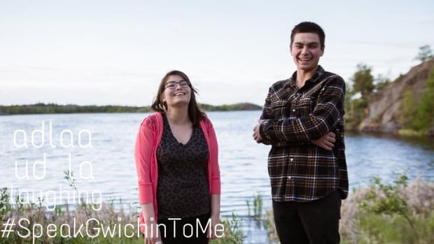 Jacey Firth-Hagen, left, put this photo of herself on her group's Facebook page, with the Gwich'in pronunciation for laughing and #SpeakGwichinToMe.