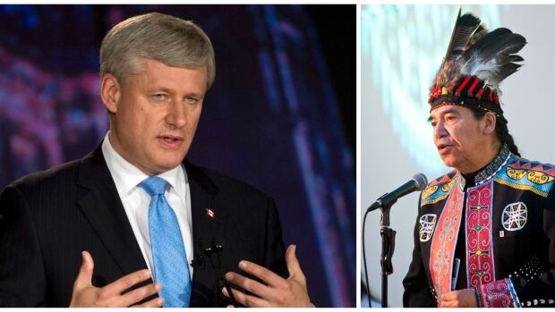 In yesterday's federal leaders debate, Conservative leader Stephen Harper, left, used the phrase "old stock Canadian" in an statement about health care for refugees. Mi'kmaq elder Stephen Augustine, right, says the use of the term was inappropriate.