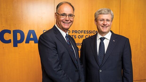 Kevin Dancey, president of the Chartered Professional Accountants of Canada, left, signed a deal with Prime Minister Stephen Harper's government in November under which the industry group will have input into any changes in the Canadian tax system. At the same time, CPA Canada was battling the CRA in court to shield information about wealthy Canadians with money in an offshore tax haven.