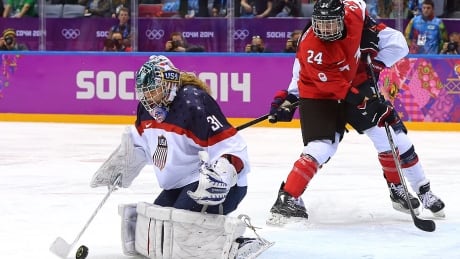 Canadian forward Natalie Spooner (24) will get another chance to beat U.S. goalie Jessie Vetter when the teams meet in Sunday's championship at the Four Nations Cup in Sundsvall, Sweden. Vetter stopped all 31 shots directed her way in a 3-0 victory over Canada on Thursday. The Canadians downed the Americans 3-2 in last year's final and have won 14 times since the tourney's debut in 1996. spooner-natalie-140220-620