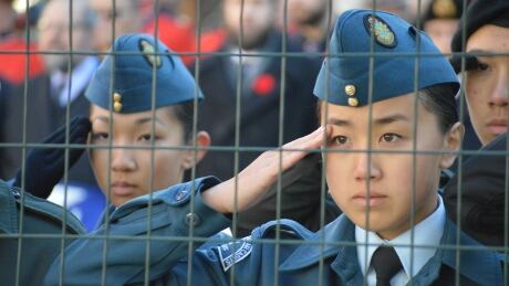Air Cadets saluting at the Vancouver Remembrance Day ceremony. air cadets