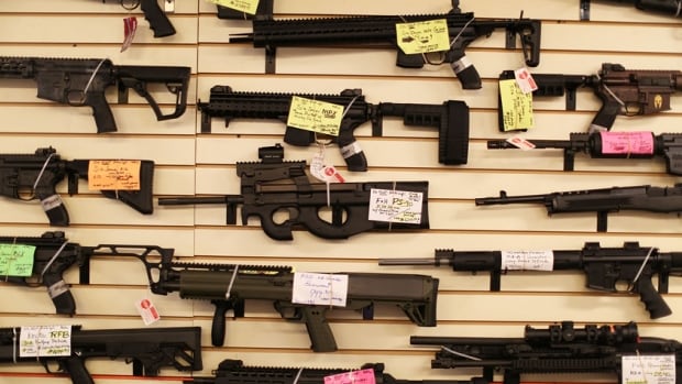 Weapons on display at the K&W Gunworks store in in Delray Beach, Florida