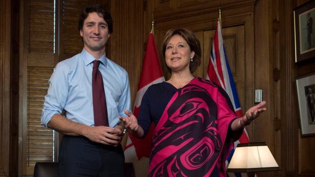 Prime Minister Justin Trudeau and B.C. Premier Christy Clark speak at the start of a meeting on Parliament Hill in Ottawa on Feb. 5, 2016.