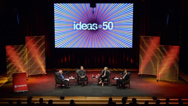 The Next 50 Years event in the Glenn Gould Studio. IDEAS host Paul Kennedy on stage with panelists Evan Fraser, Jennifer Keesmaat, and Payam Akhavan.