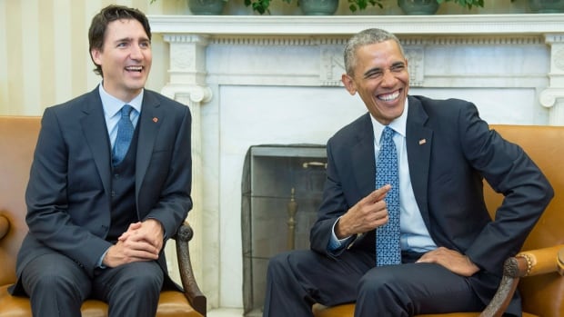 U.S. President Barack Obama, right, and Prime Minister Justin Trudeau share a laugh as they pose for a photo in the Oval Office of the White House in Washington, on Thursday, March 10, 2016.