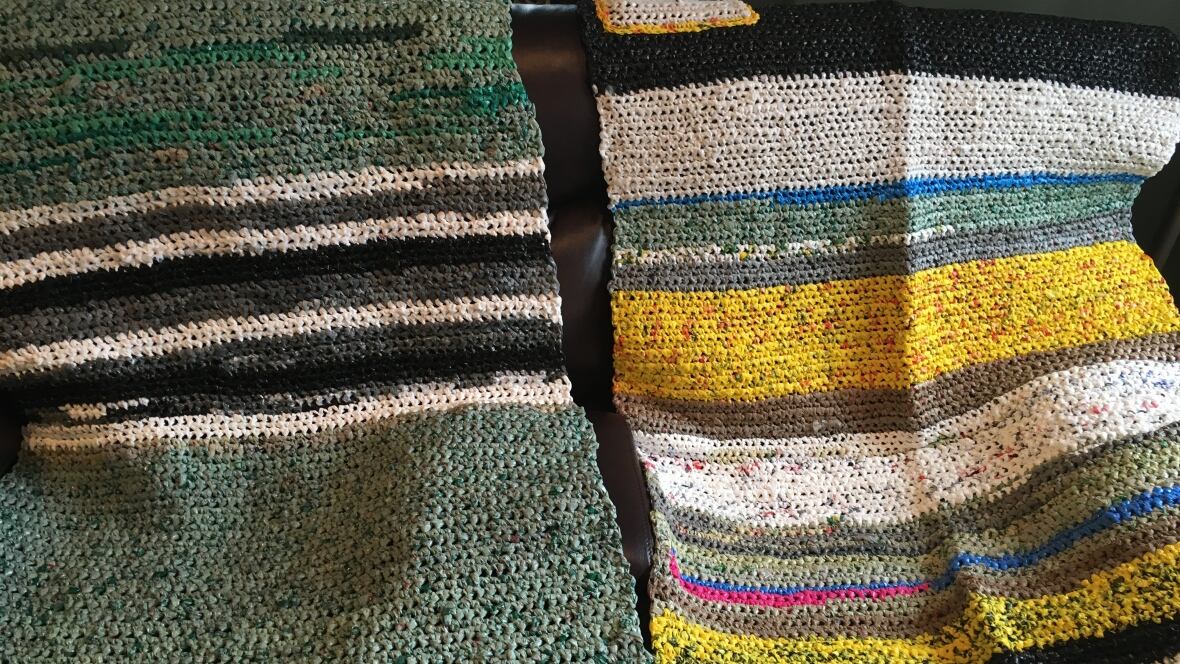 Kitimat women crochet plastic bags into sleeping mats for homeless