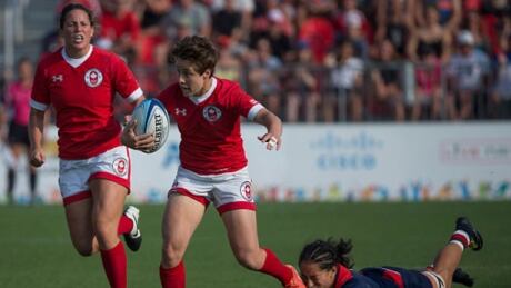 Ghislaine Landry, centre, projects to be a key member of the Olympic women's rugby sevens team. Ghislaine-Landry-Panam